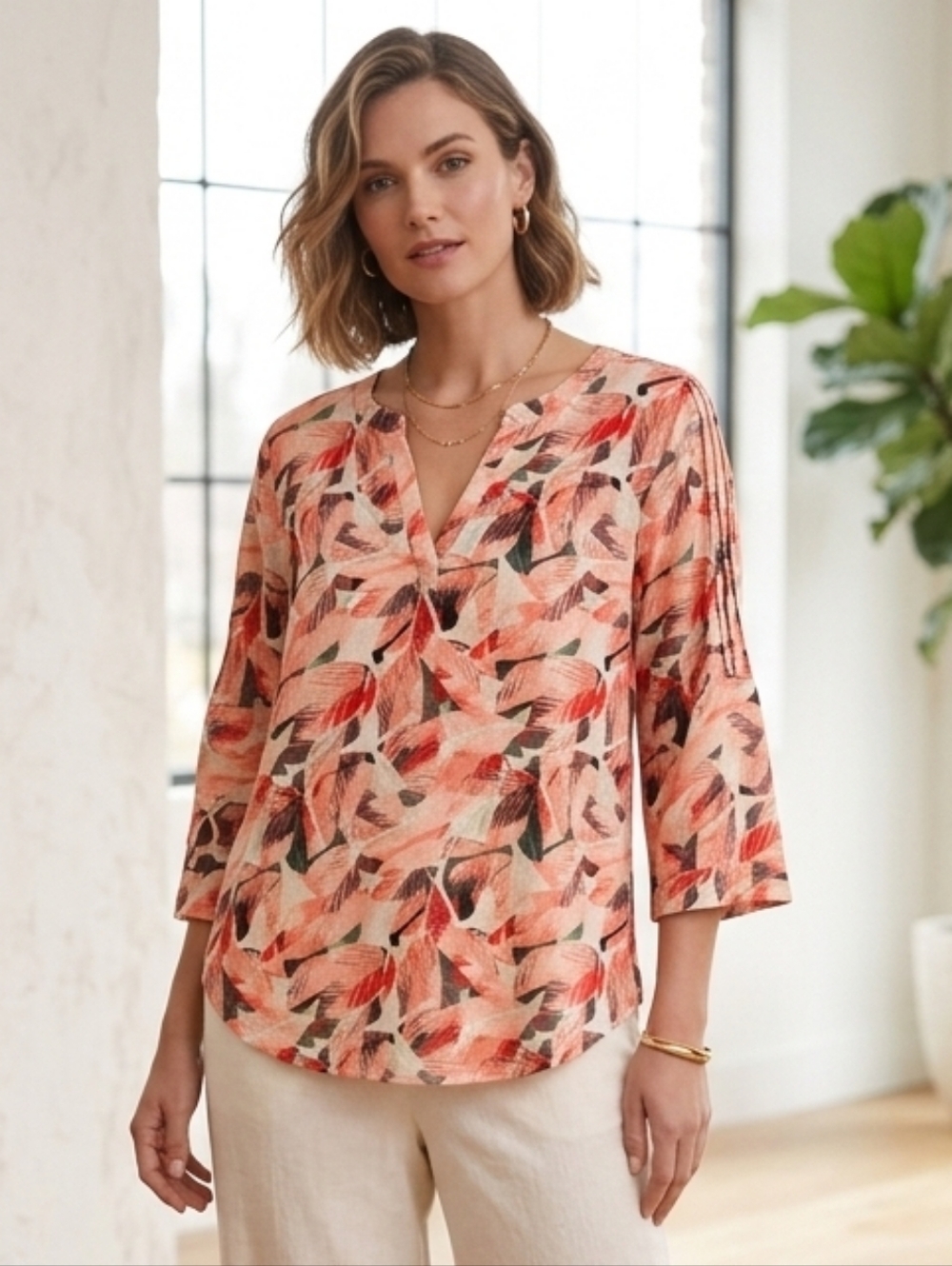 Chaus New York Leaf Patterned Coral 3/4 Sleeve Casual Flowy Spring Blouse Size M